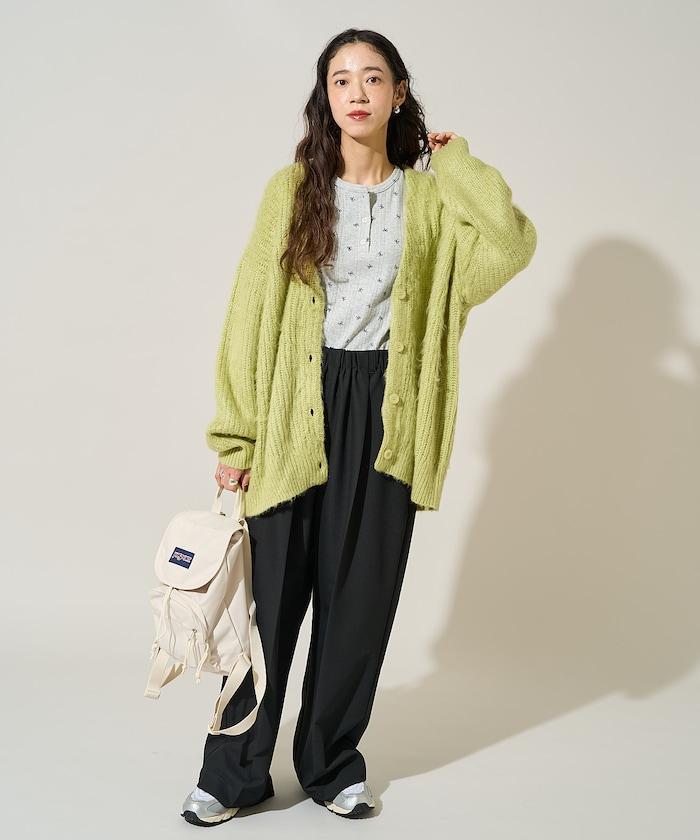 蝴蝶結圖案針織亨利領長袖T恤