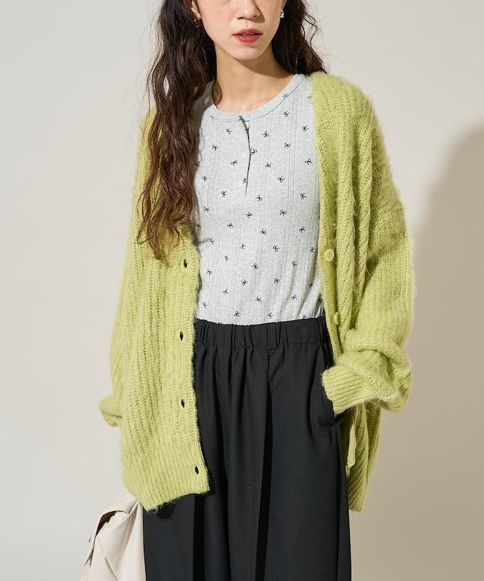 蝴蝶結圖案針織亨利領長袖T恤