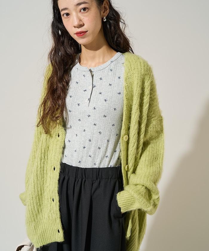 蝴蝶結圖案針織亨利領長袖T恤