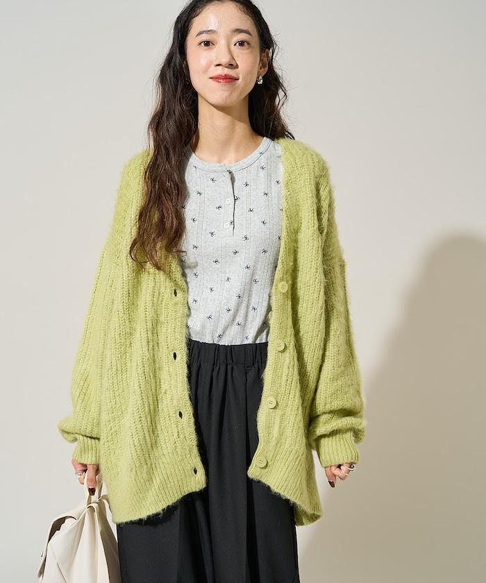 蝴蝶結圖案針織亨利領長袖T恤