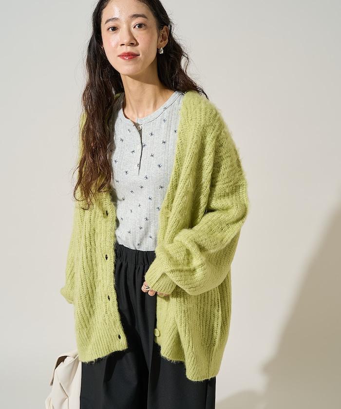 蝴蝶結圖案針織亨利領長袖T恤