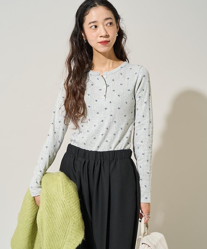 蝴蝶結圖案針織亨利領長袖T恤