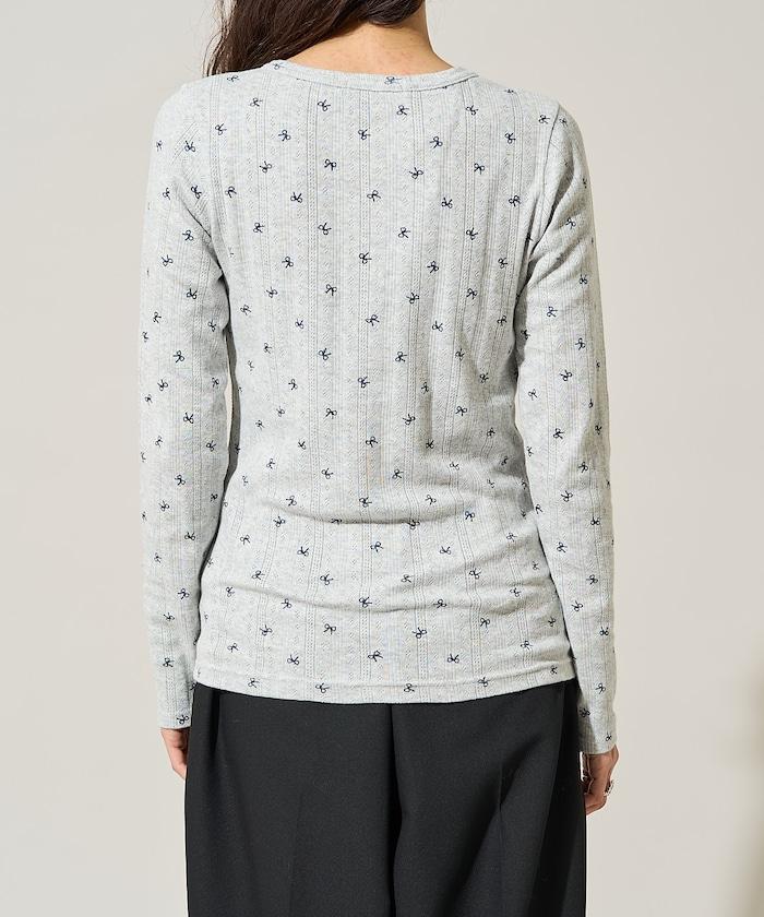 蝴蝶結圖案針織亨利領長袖T恤