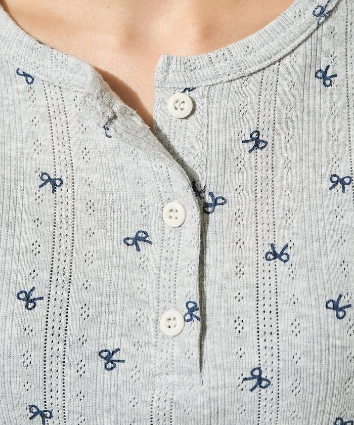 蝴蝶結圖案針織亨利領長袖T恤