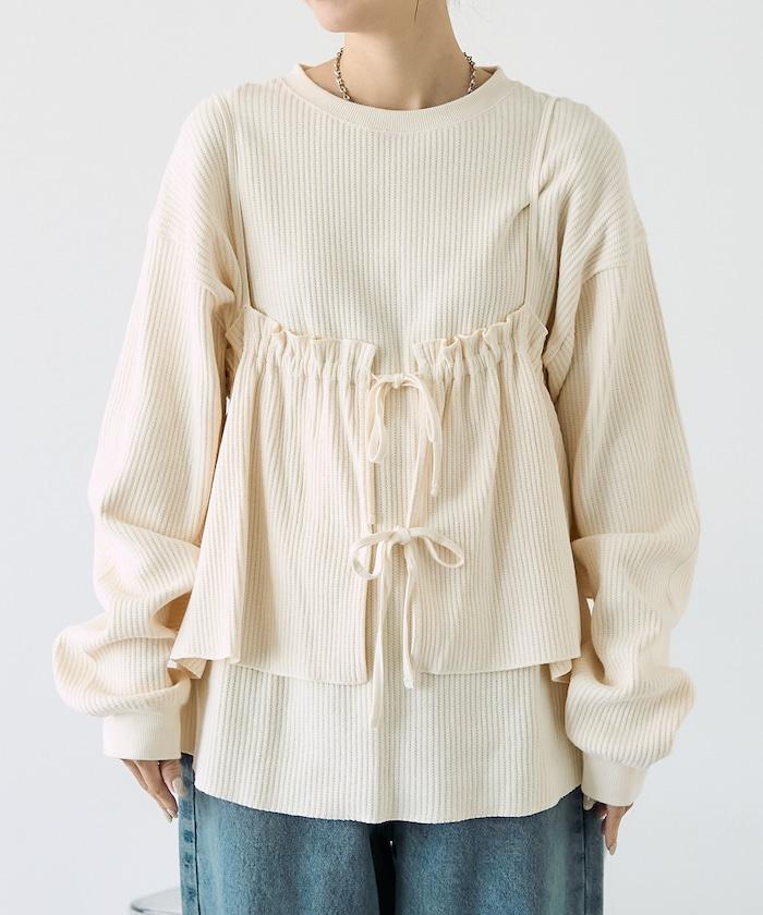 【套裝商品】華夫格長袖T恤與吊帶背心套裝