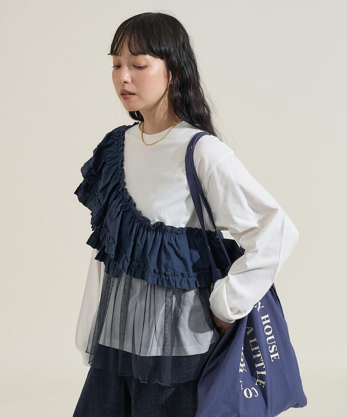 荷葉邊網紗拼接長袖T恤