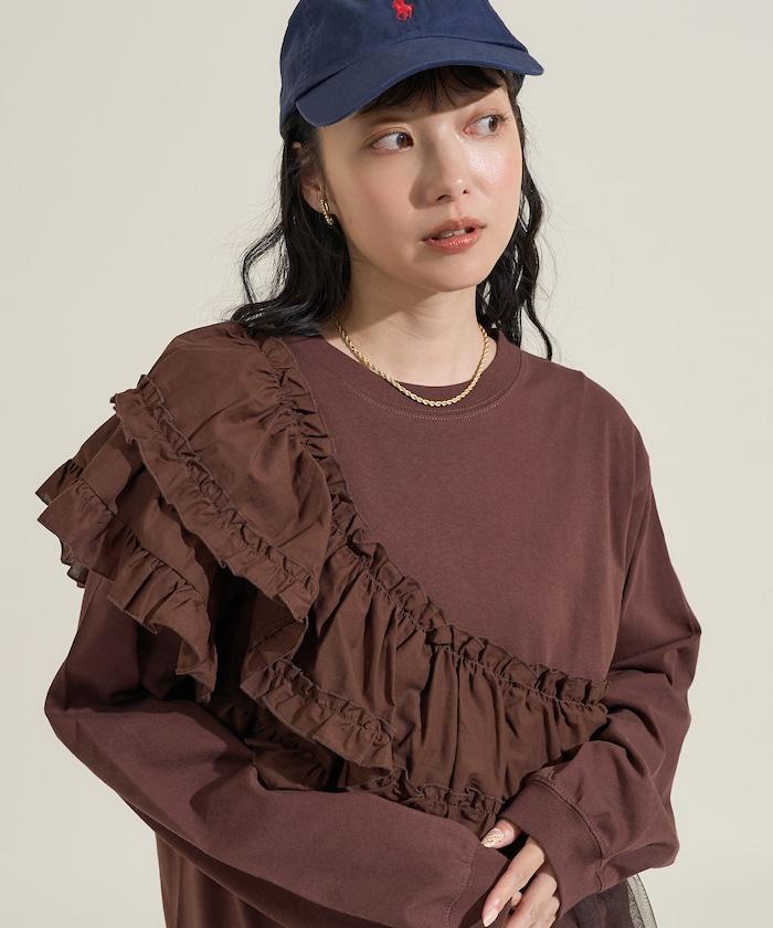 荷葉邊網紗拼接長袖T恤