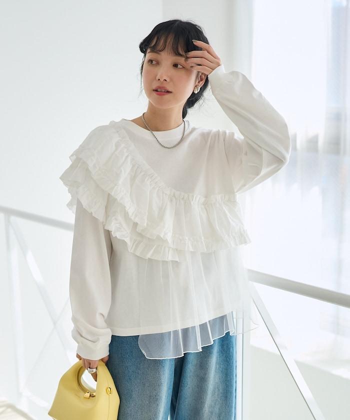 荷葉邊網紗拼接長袖T恤