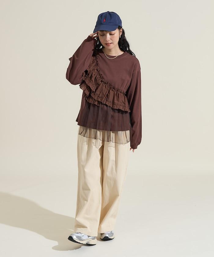 荷葉邊網紗拼接長袖T恤