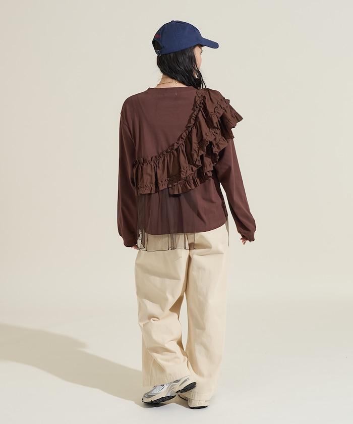 荷葉邊網紗拼接長袖T恤