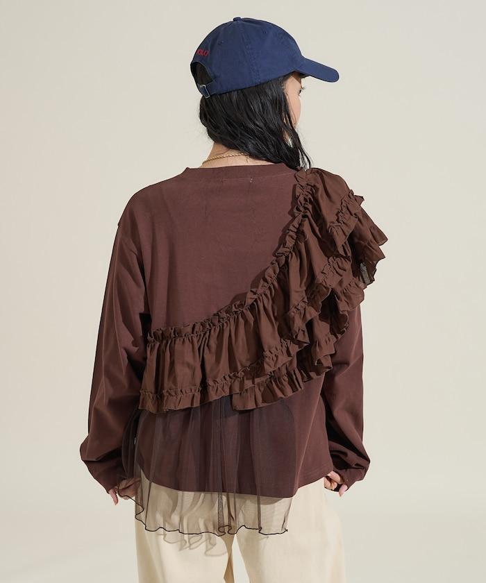 荷葉邊網紗拼接長袖T恤