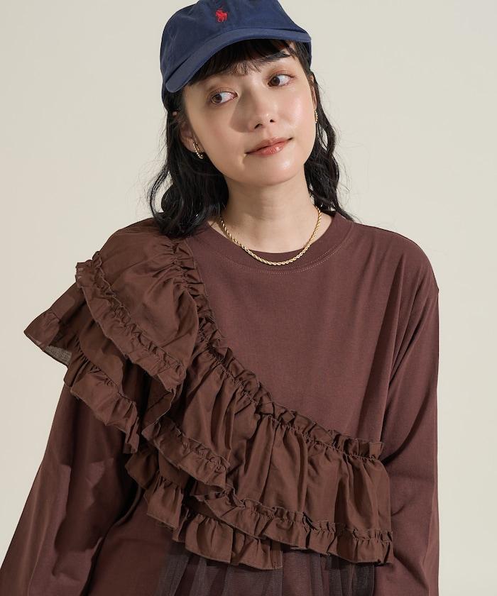 荷葉邊網紗拼接長袖T恤