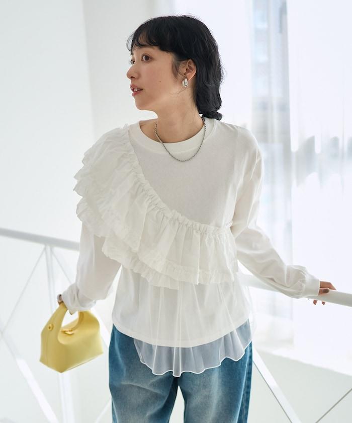 荷葉邊網紗拼接長袖T恤