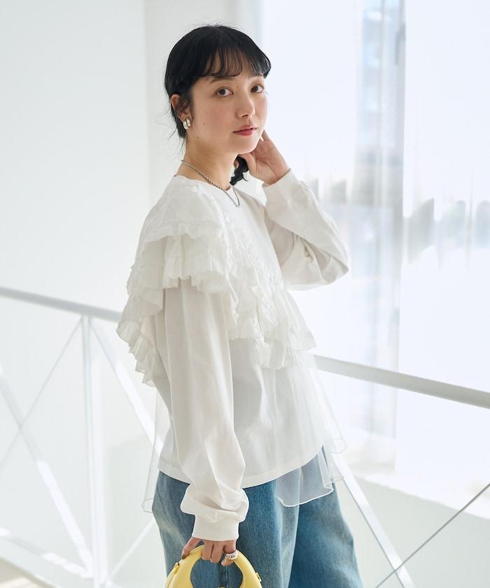 荷葉邊網紗拼接長袖T恤