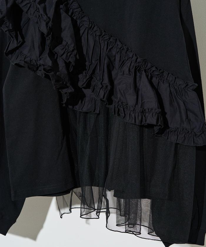 荷葉邊網紗拼接長袖T恤