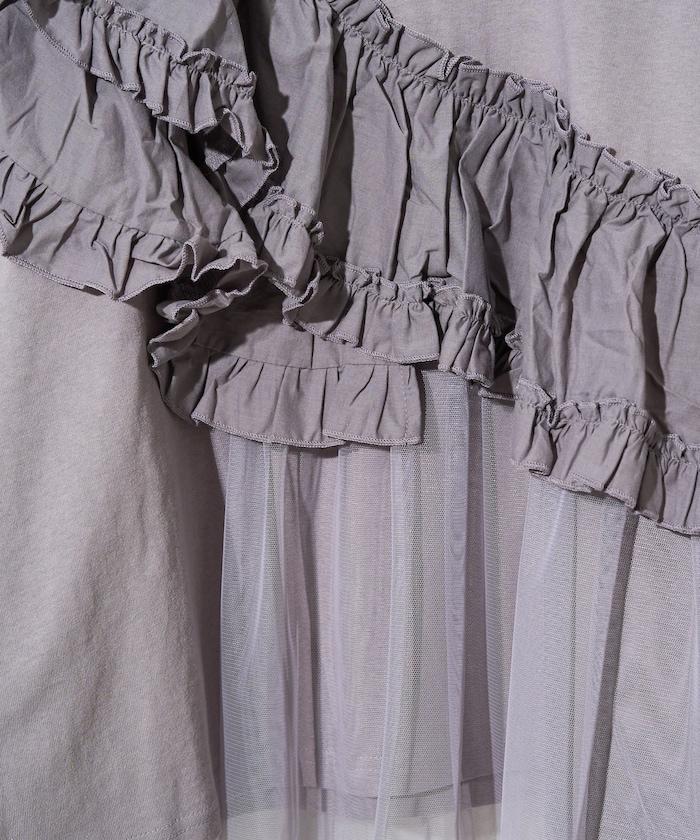 荷葉邊網紗拼接長袖T恤