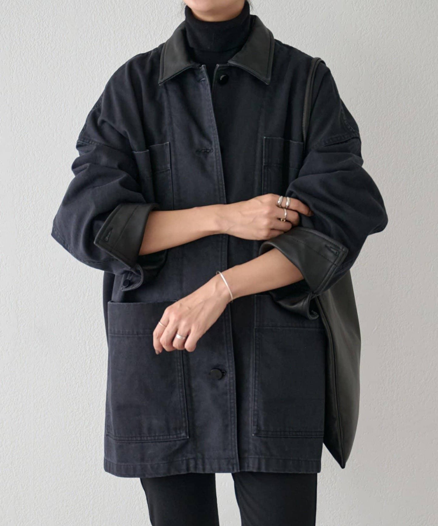 《15 quinze》皮革拼接工裝夾克