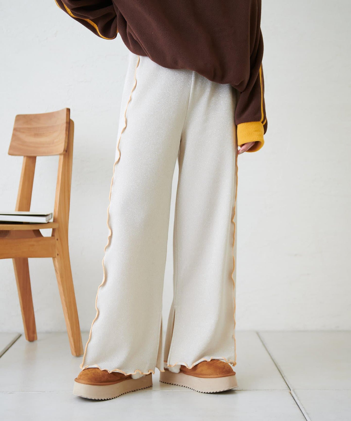 【w closet】荷葉邊亮絲長褲