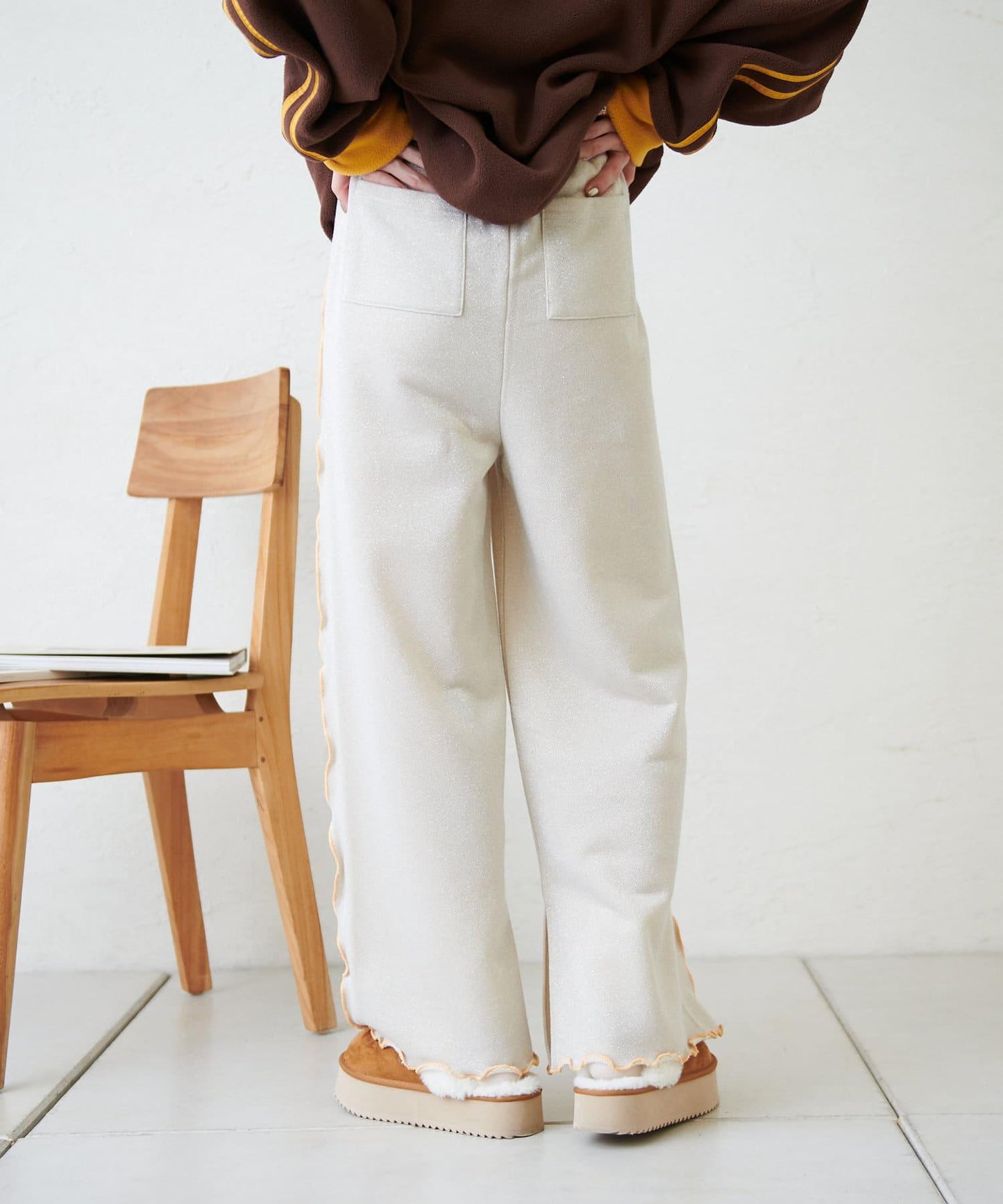 【w closet】荷葉邊亮絲長褲