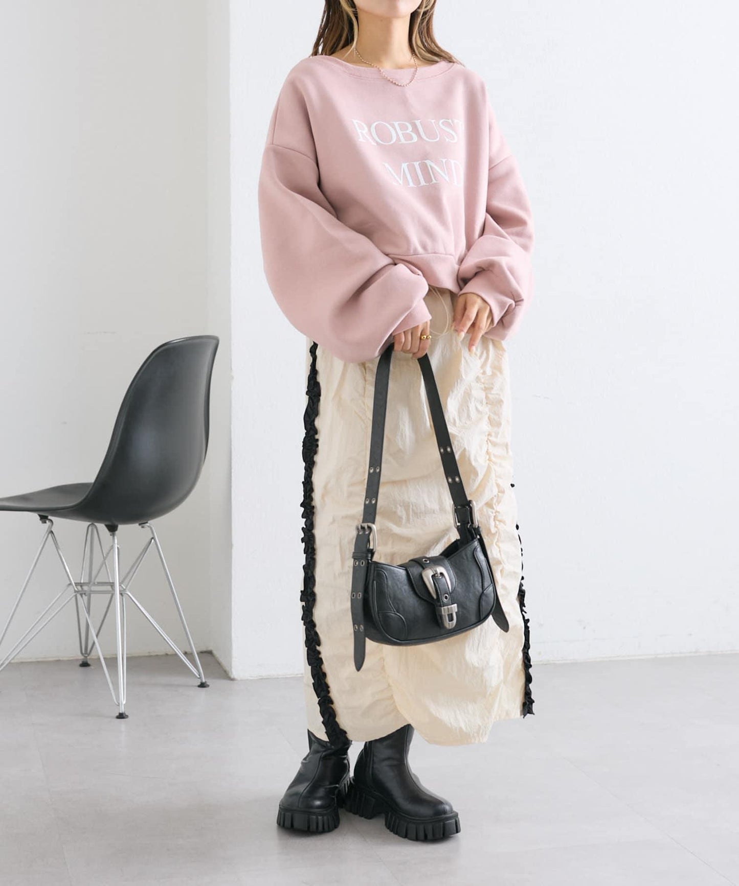 【w closet】側邊條紋荷葉邊半身裙
