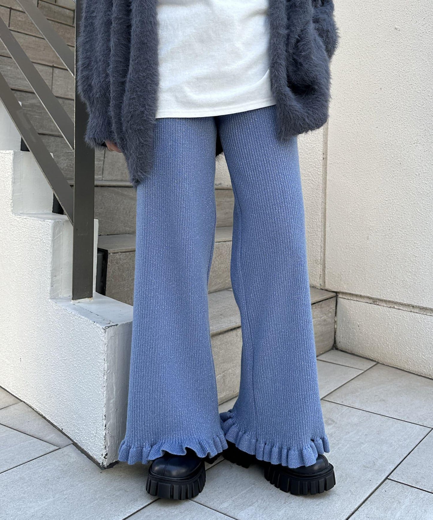 【w closet】下襬荷葉邊針織褲