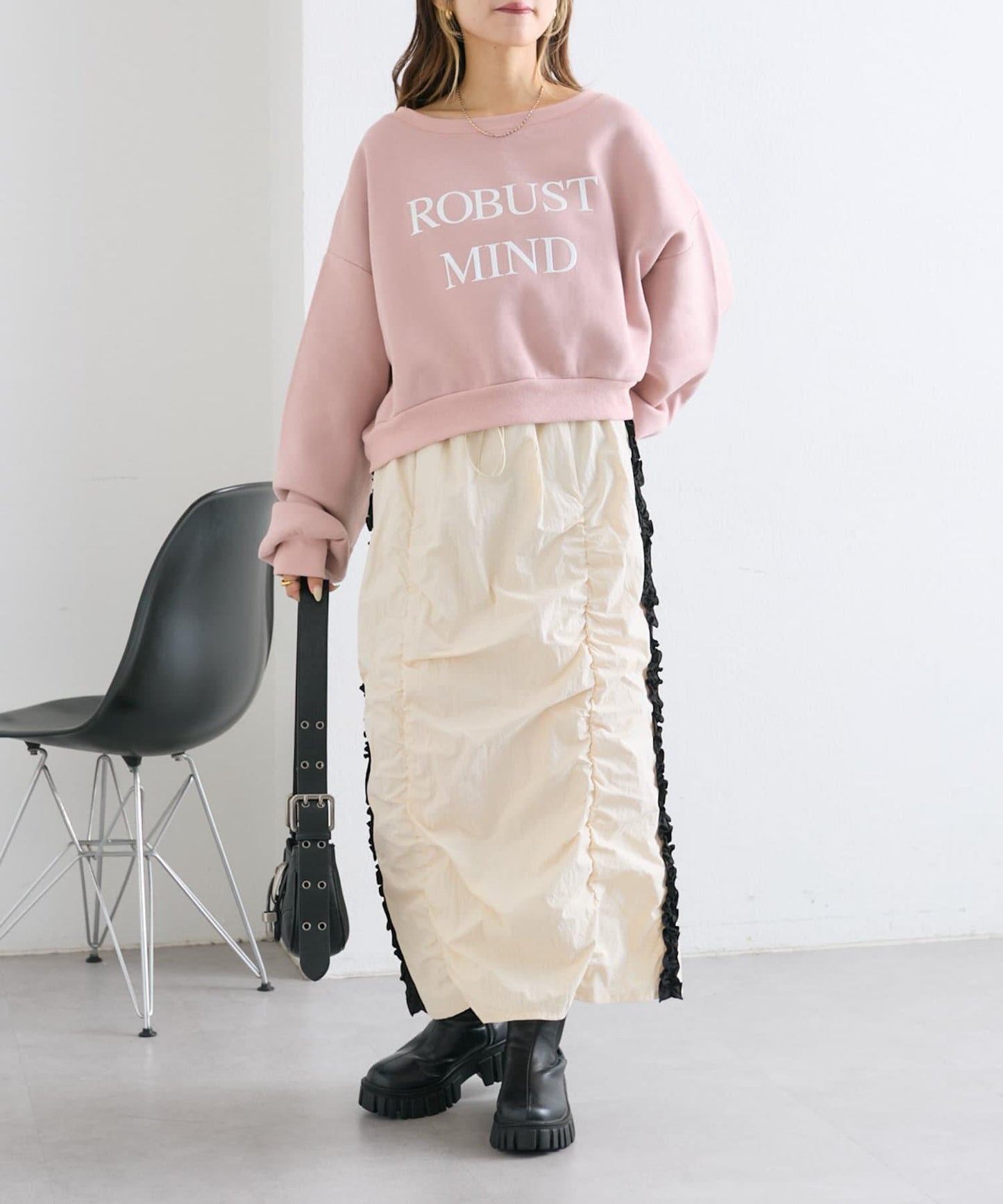 【w closet】側邊條紋荷葉邊半身裙