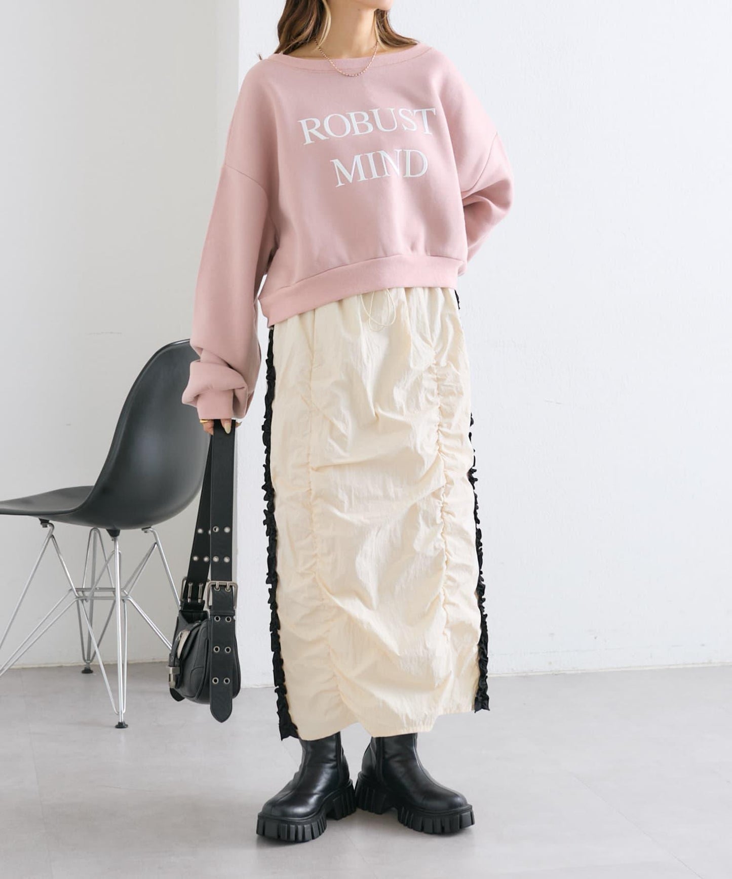 【w closet】側邊條紋荷葉邊半身裙