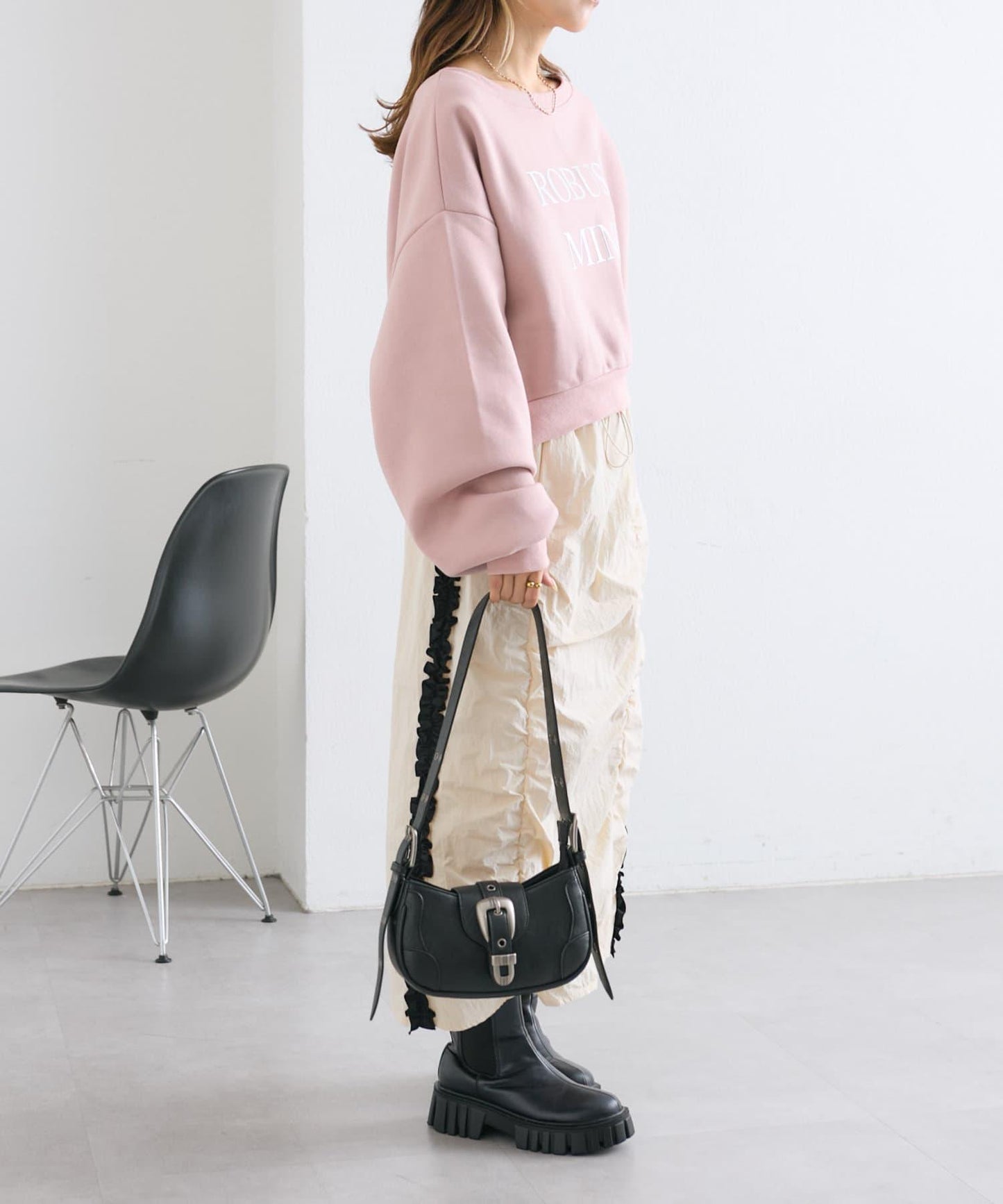 【w closet】側邊條紋荷葉邊半身裙