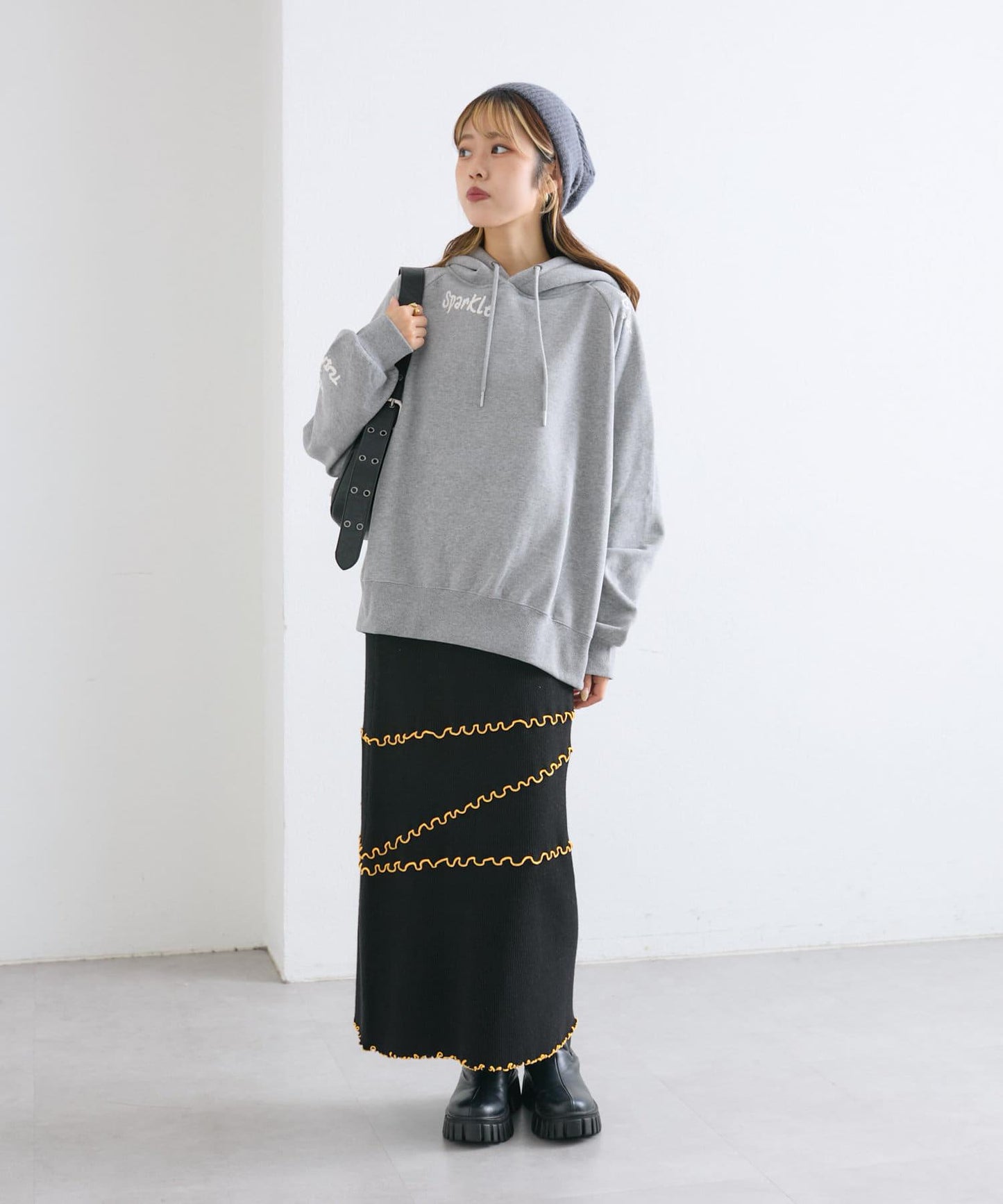 【w closet】拼色荷葉邊針織半身裙