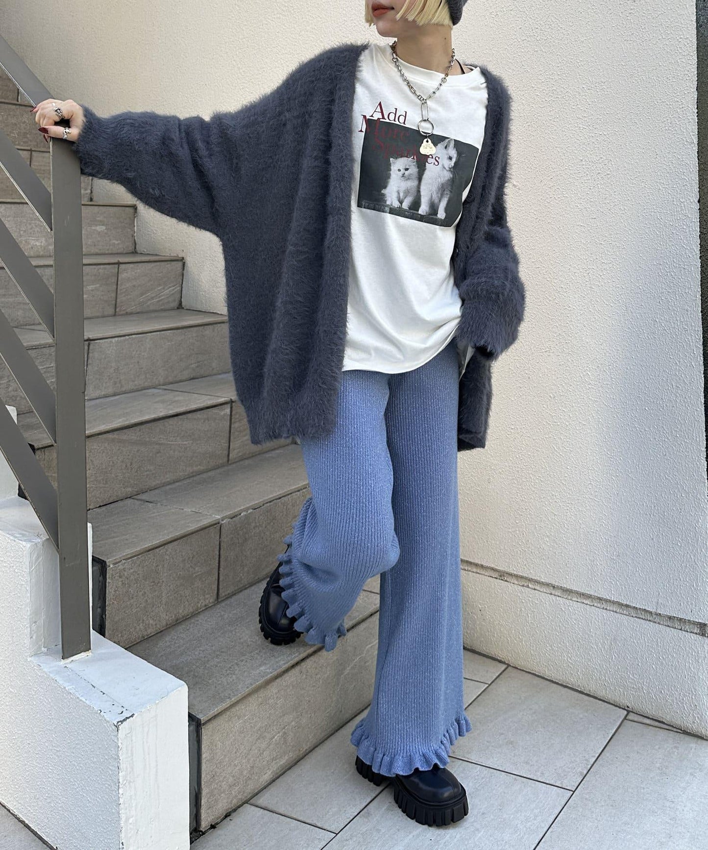 【w closet】下襬荷葉邊針織褲