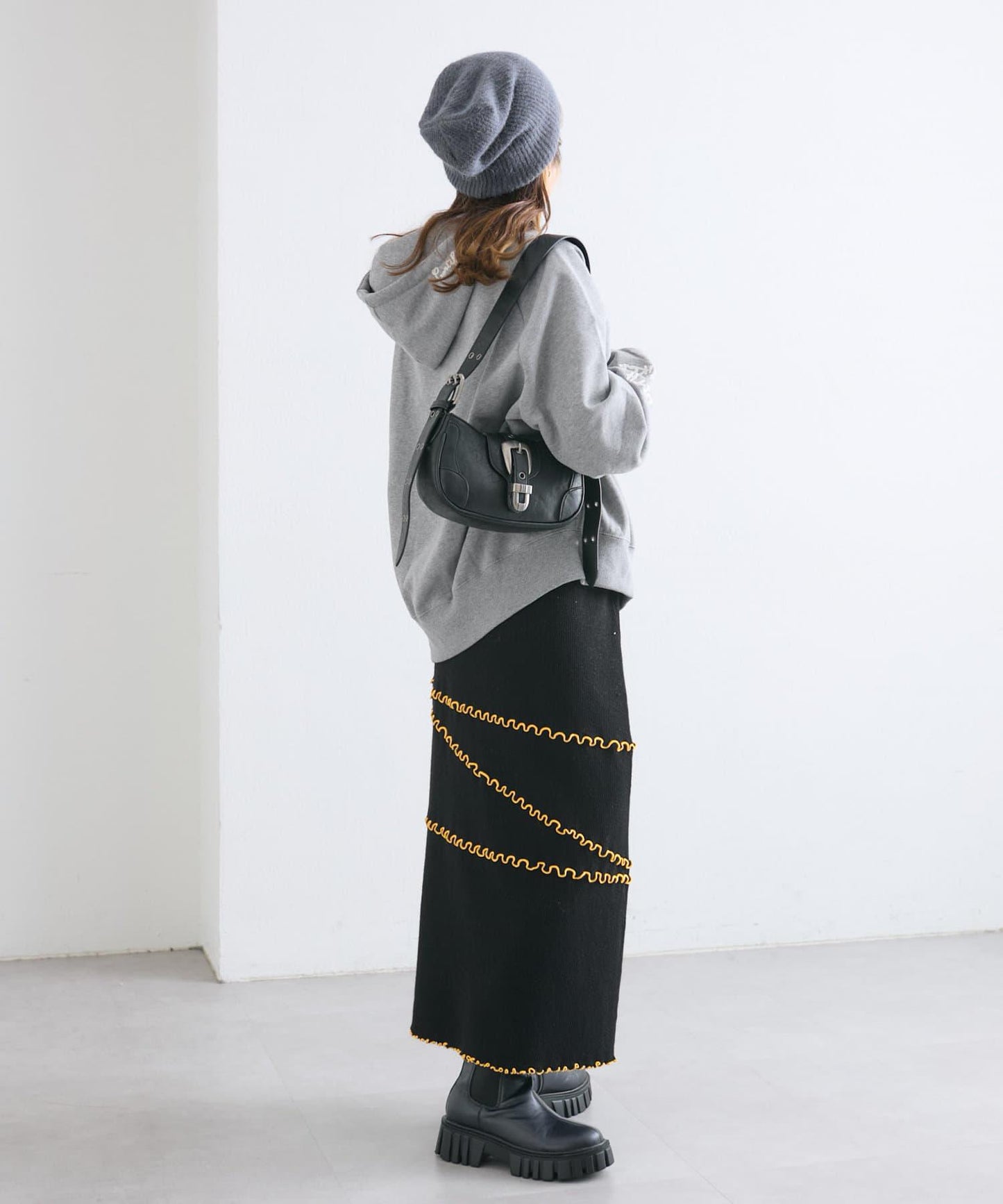 【w closet】拼色荷葉邊針織半身裙