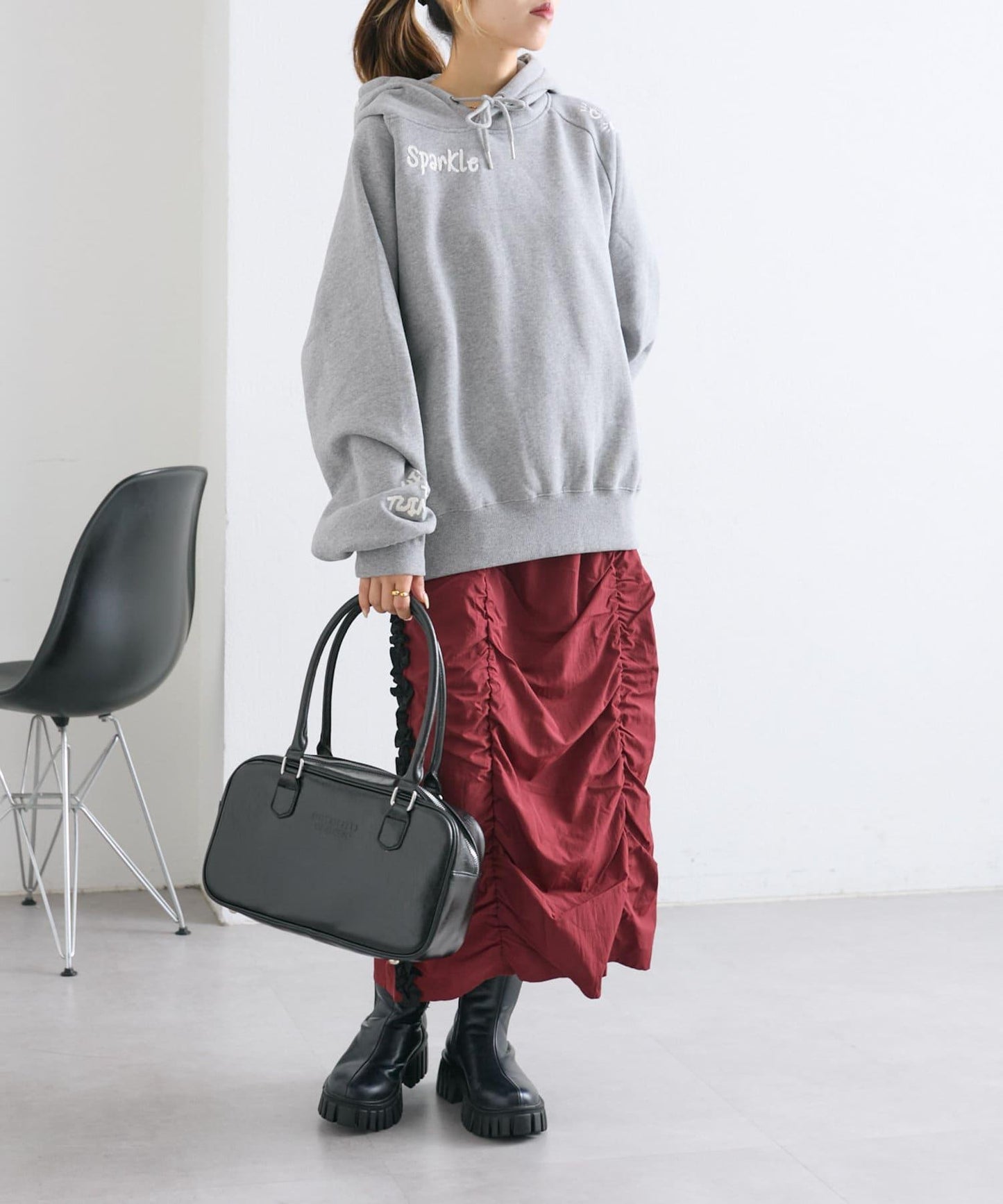【w closet】側邊條紋荷葉邊半身裙