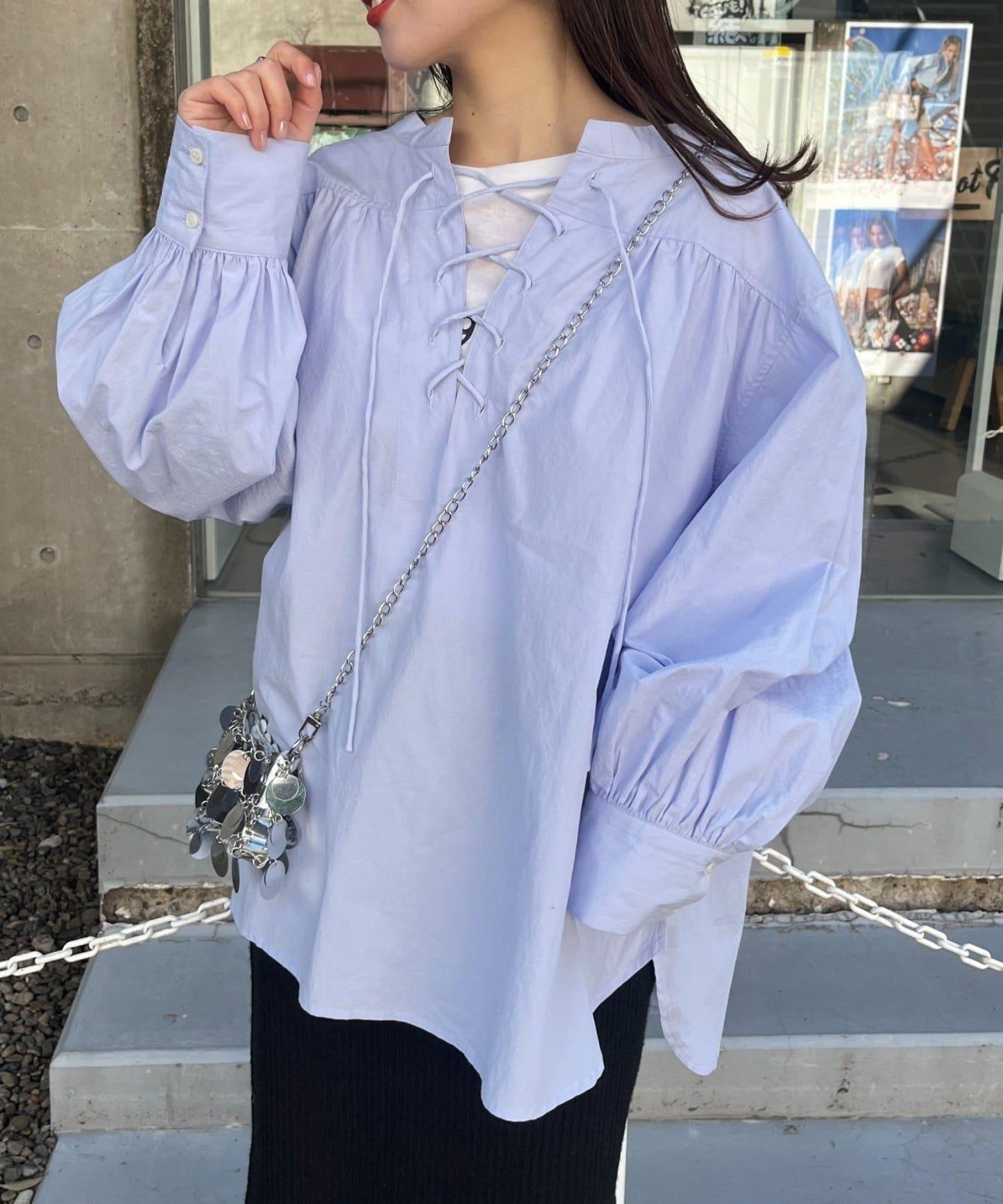 W繫帶收腰長款褶皺襯衫