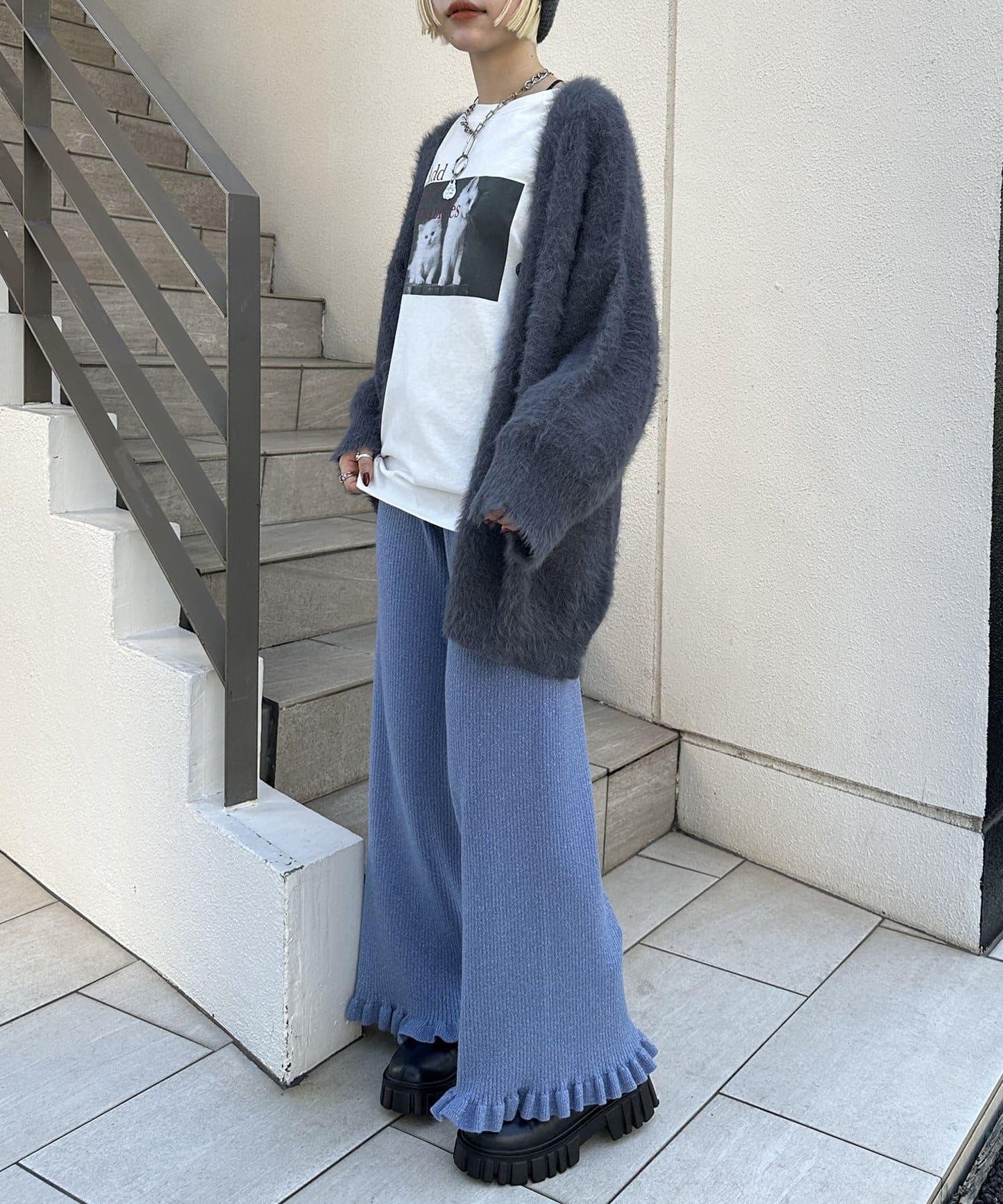 【w closet】下襬荷葉邊針織褲
