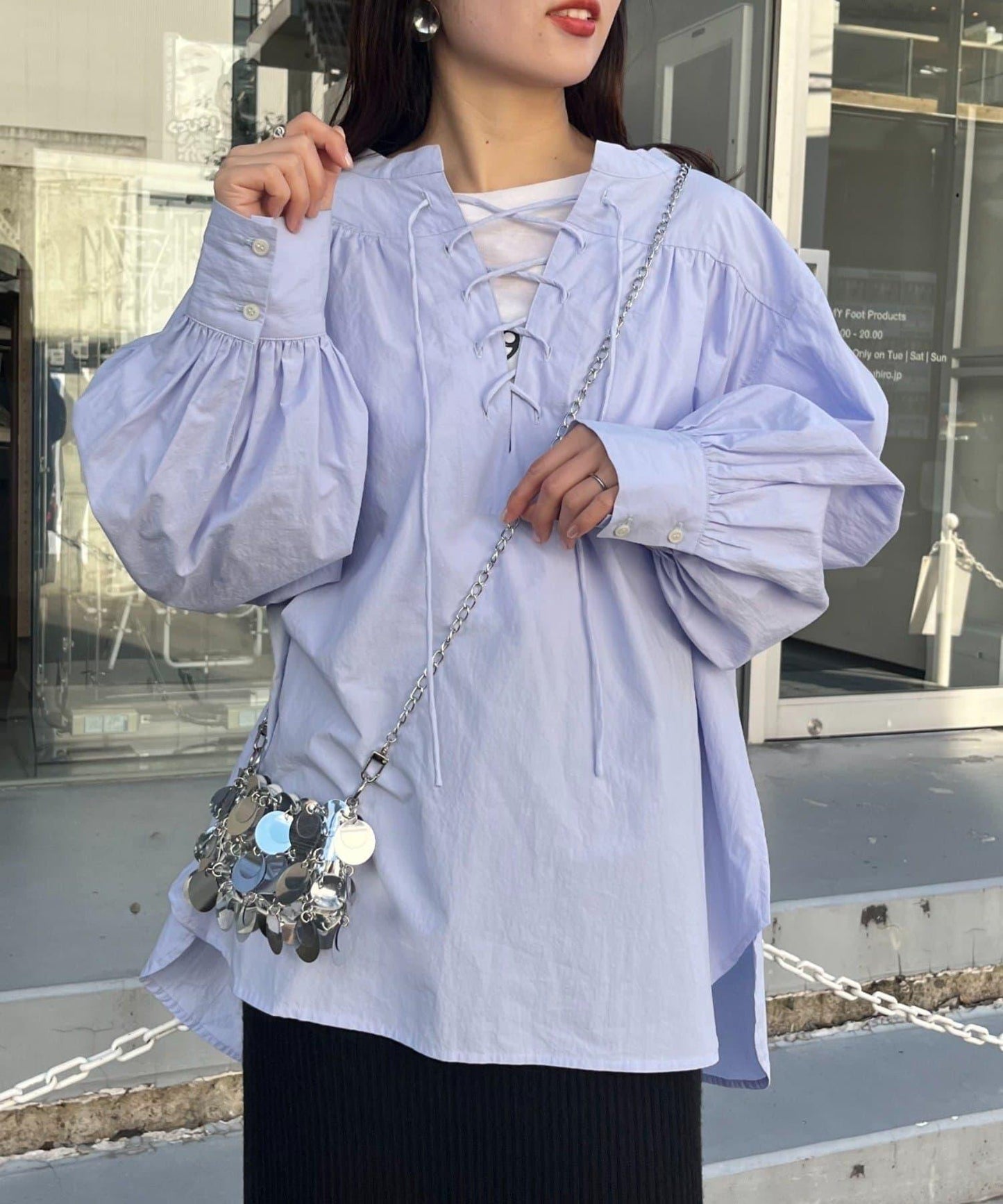 W繫帶收腰長款褶皺襯衫