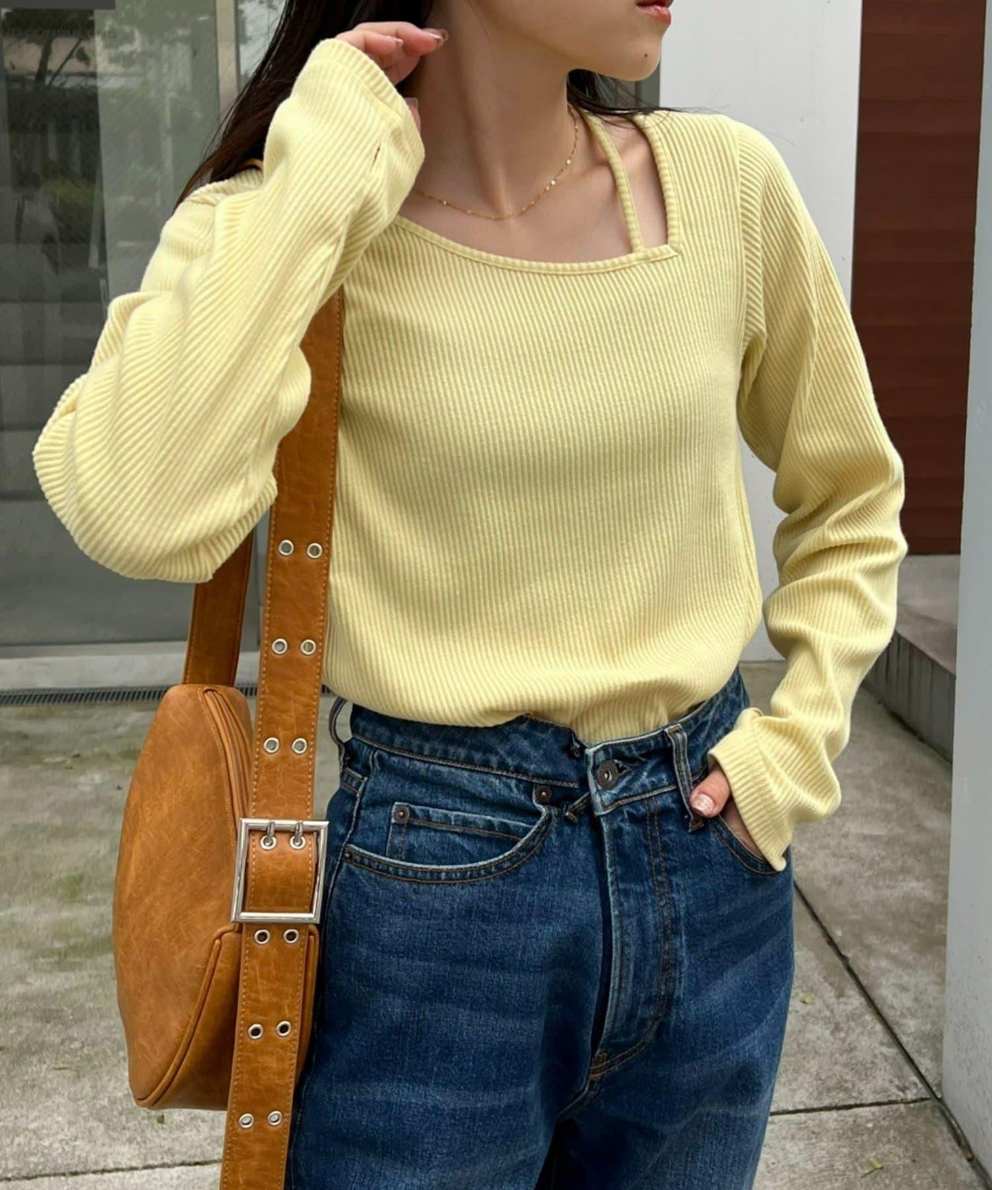 W不對稱領口羅紋長袖T恤