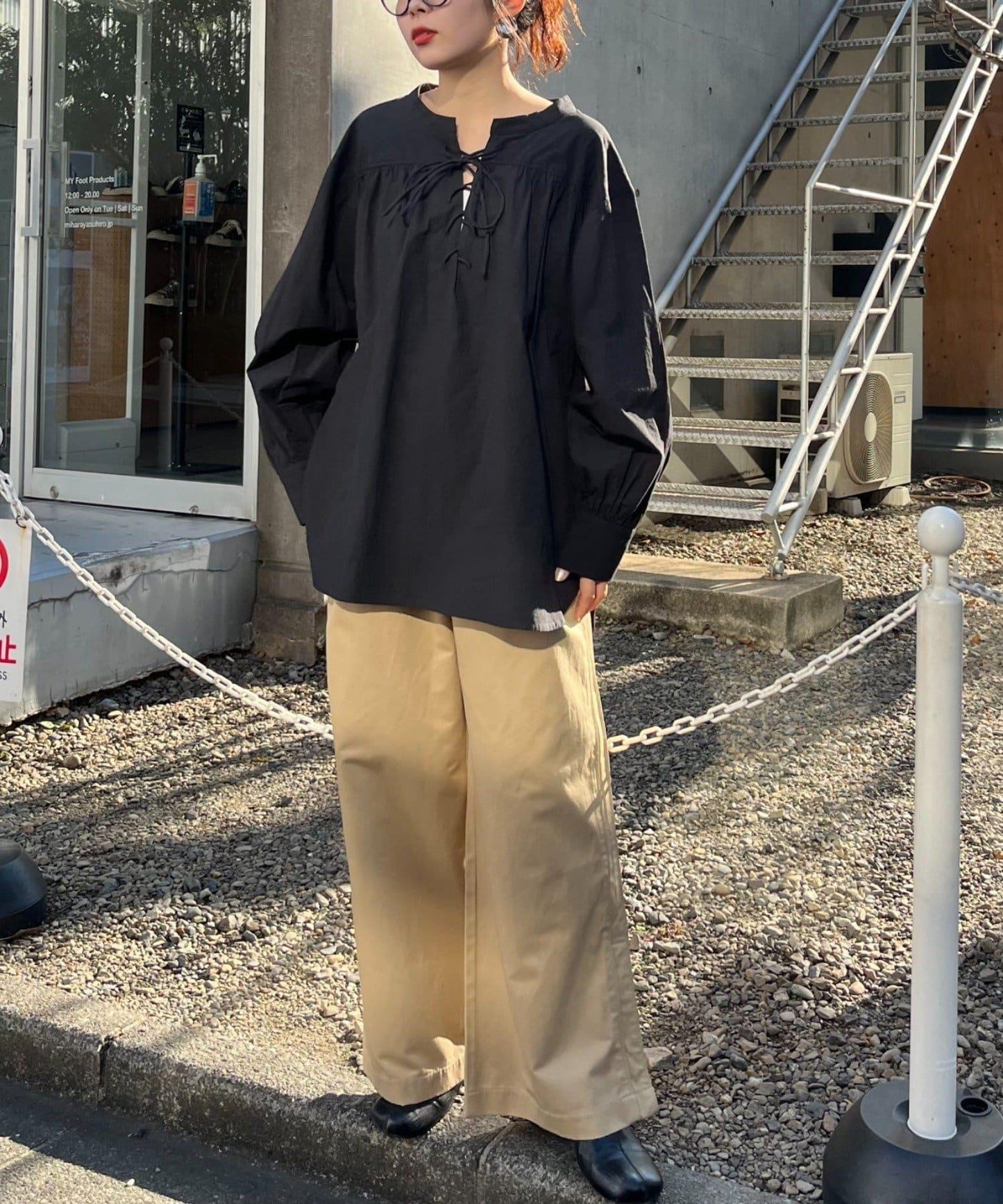 W繫帶收腰長款褶皺襯衫