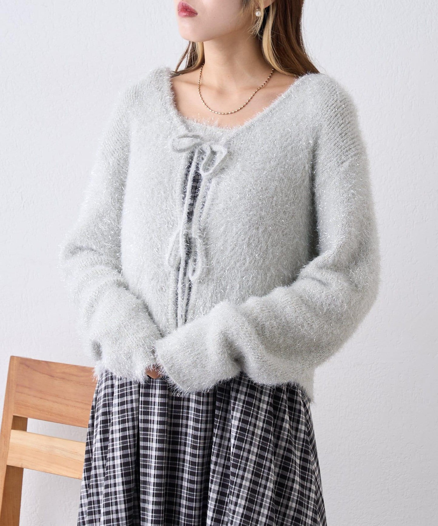【w closet】亮絲羽毛開衫套裝