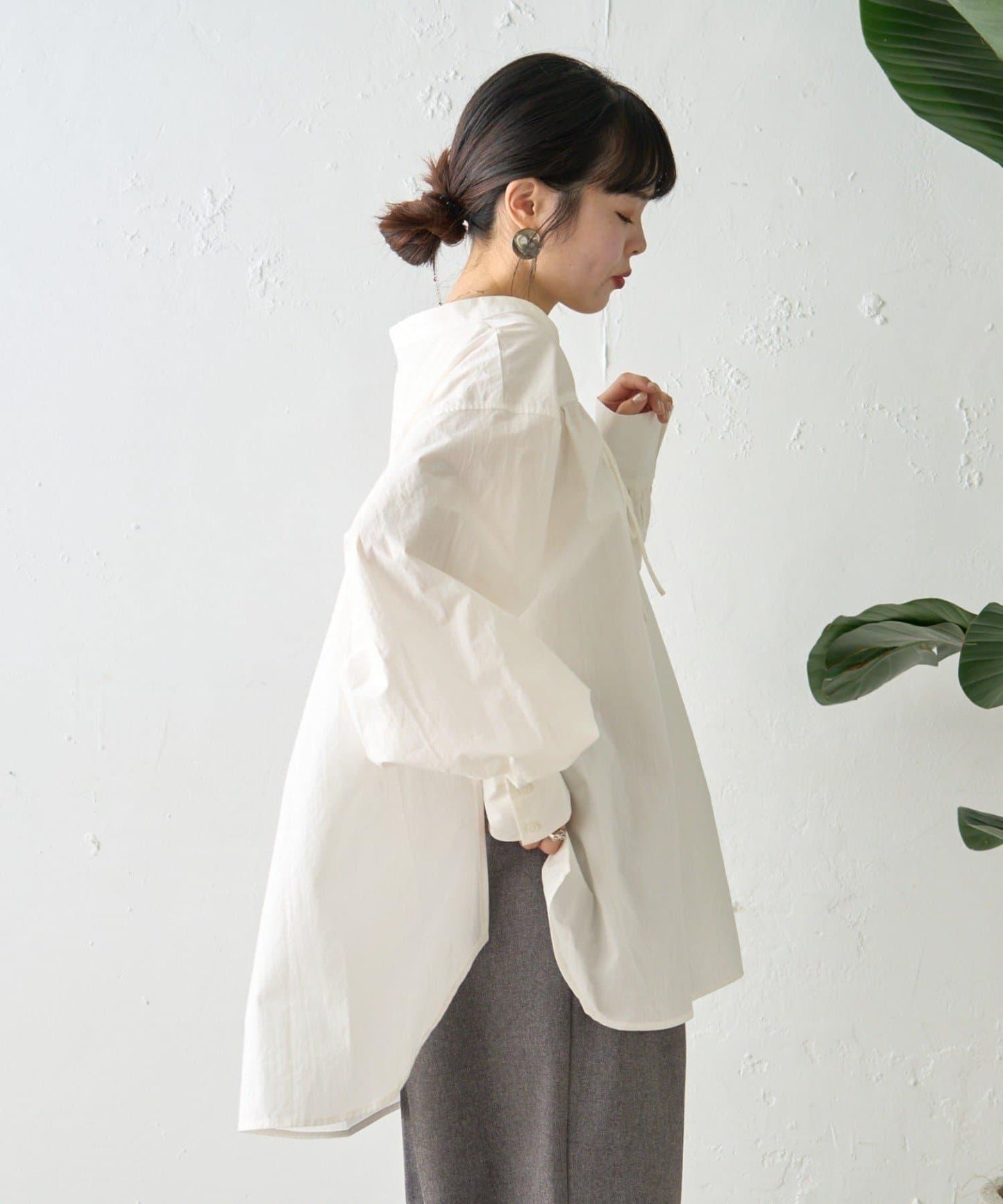 W繫帶收腰長款褶皺襯衫