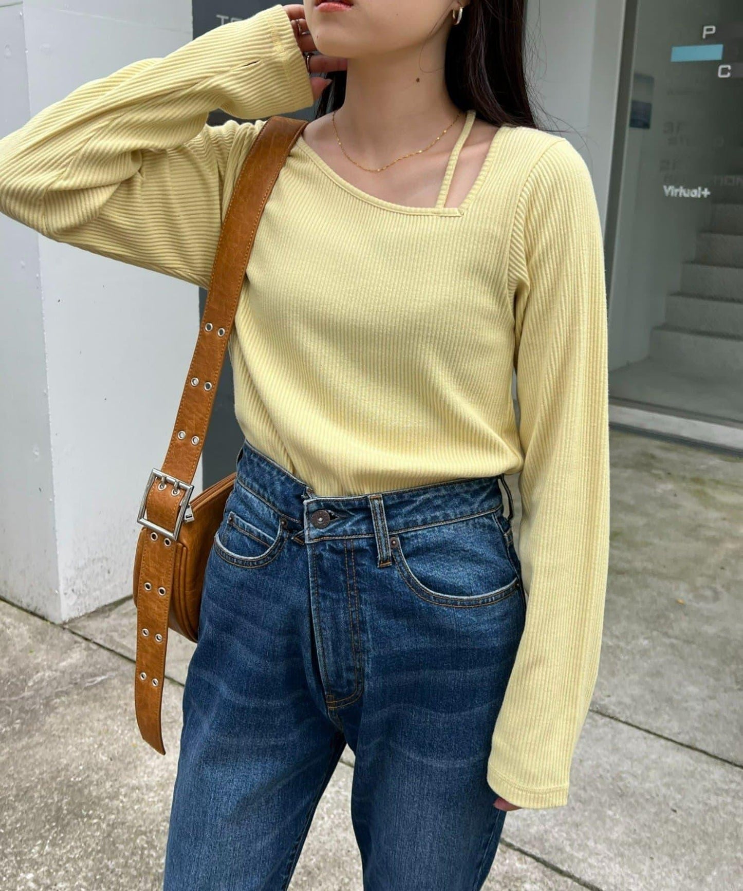 W不對稱領口羅紋長袖T恤