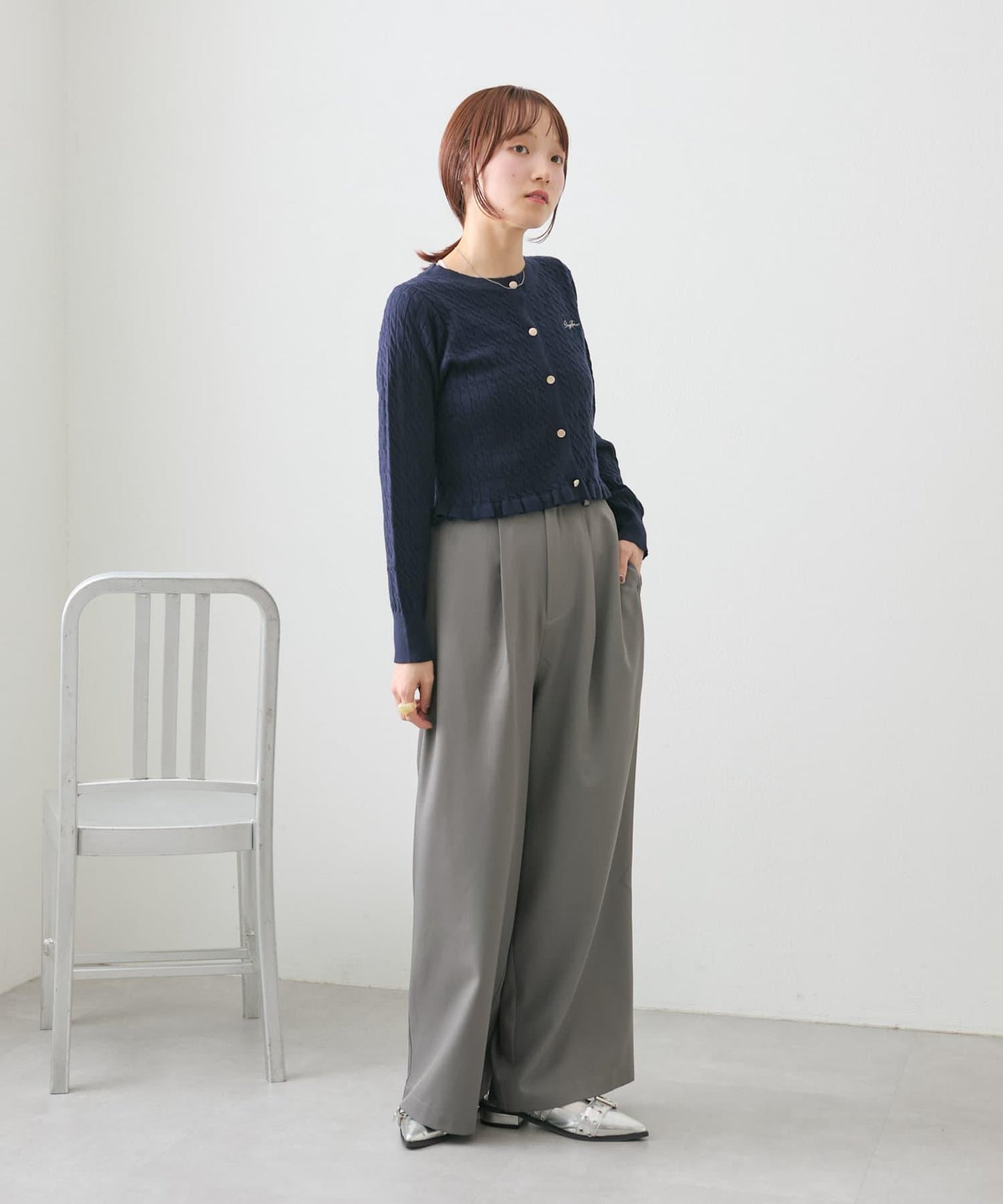 【w closet】麻花刺繡荷葉邊開衫