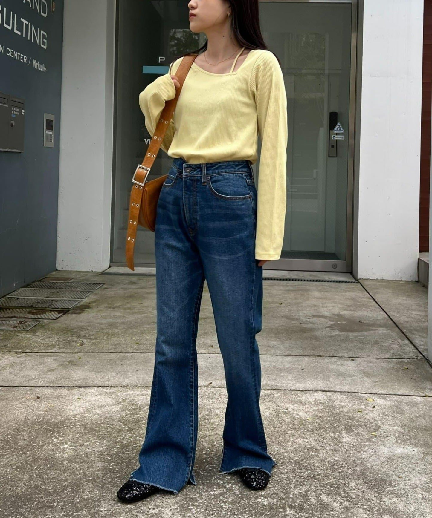 W不對稱領口羅紋長袖T恤