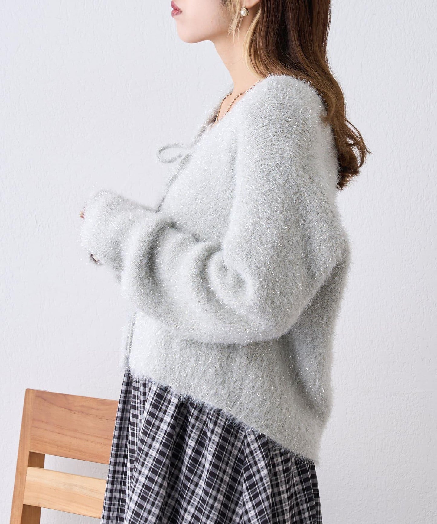 【w closet】亮絲羽毛開衫套裝