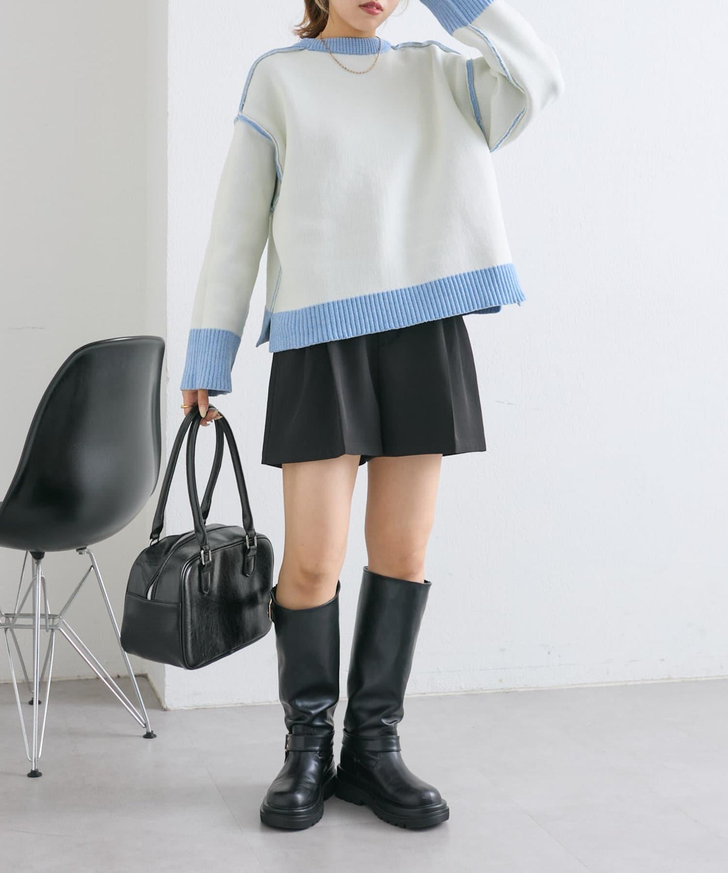 【w closet】拼色毛圈針織套頭衫
