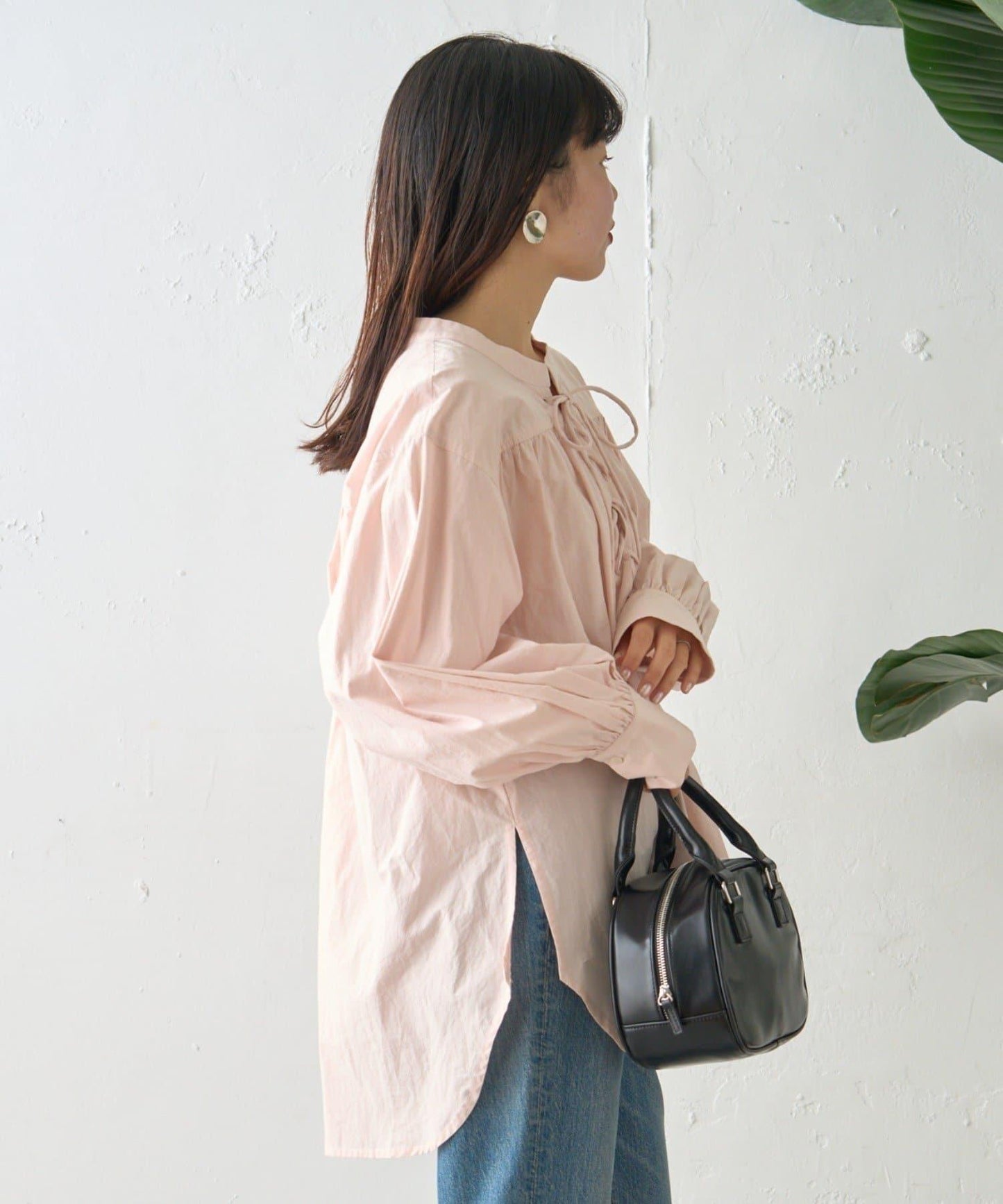 W繫帶收腰長款褶皺襯衫