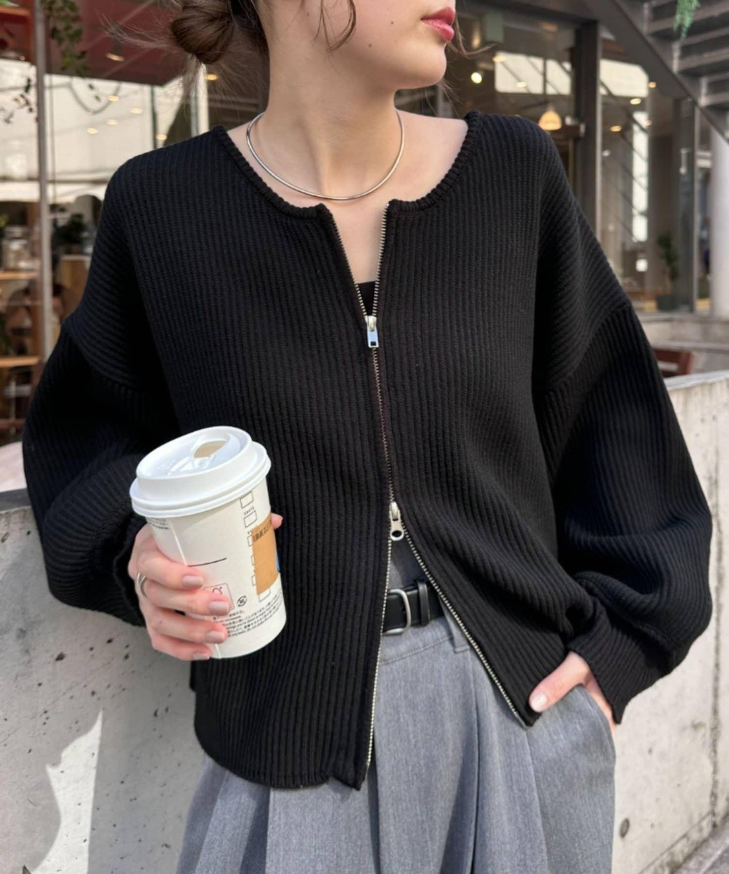 W彈力雙拉鍊針織開衫