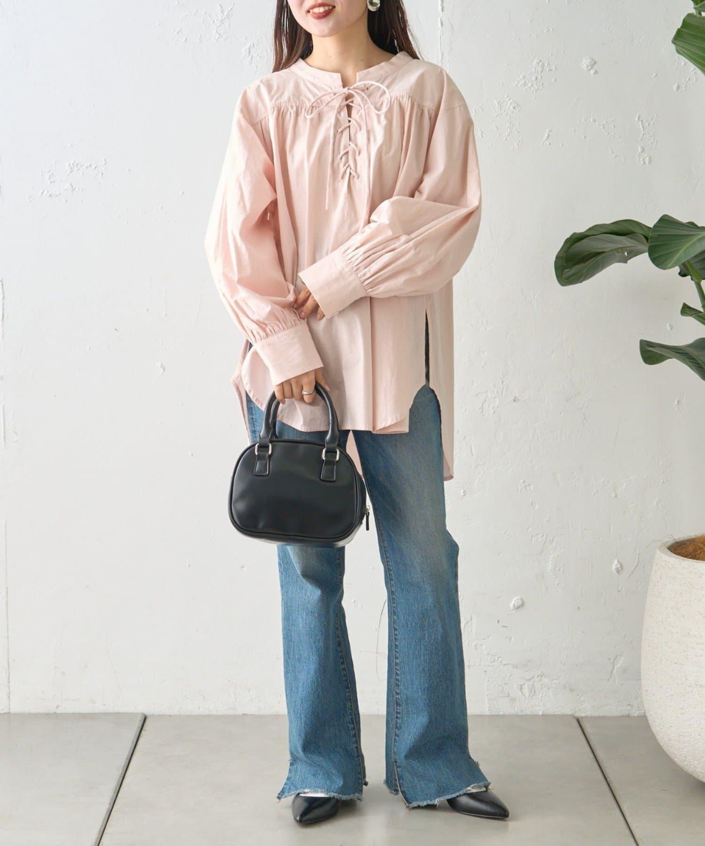 W繫帶收腰長款褶皺襯衫