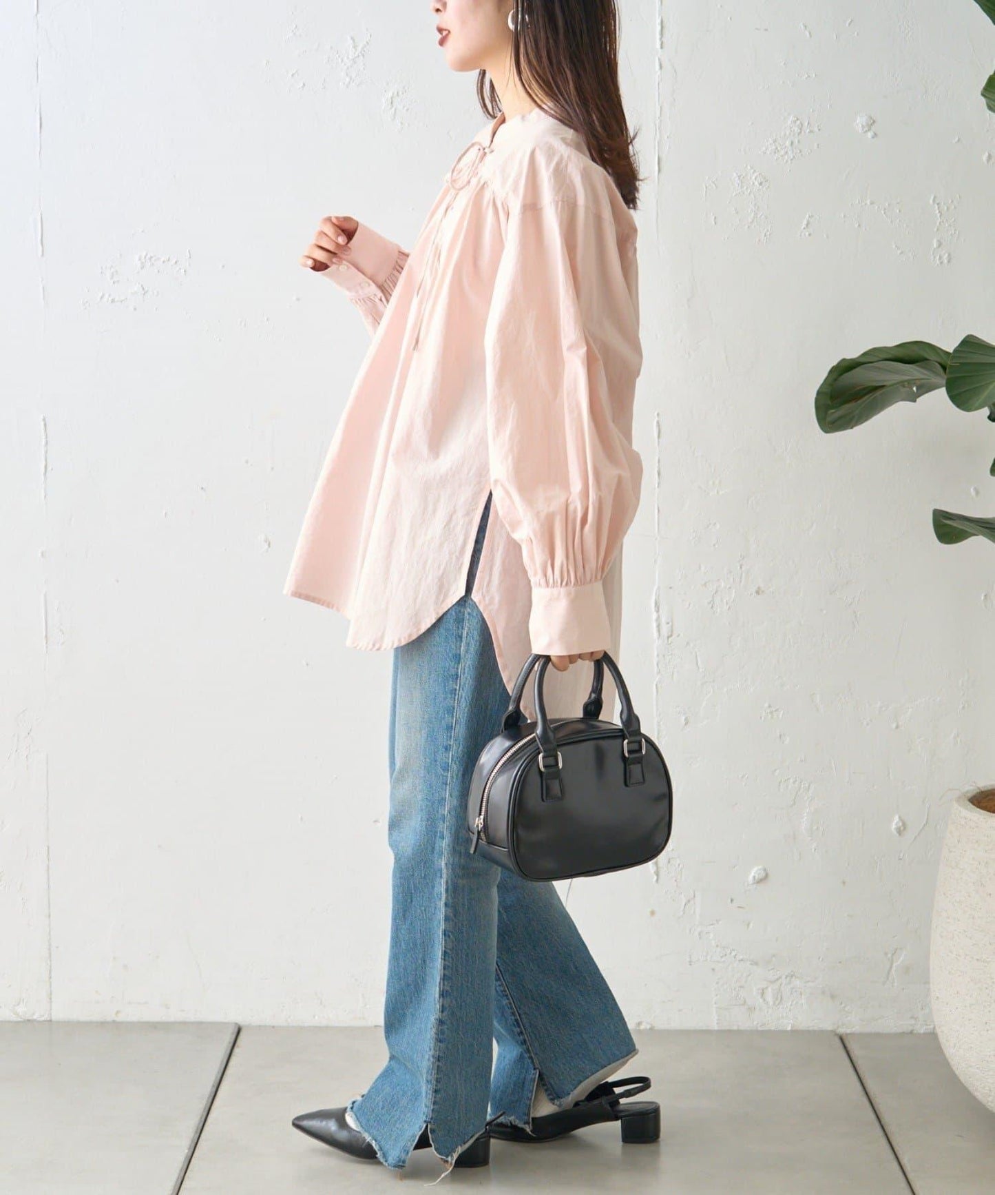 W繫帶收腰長款褶皺襯衫