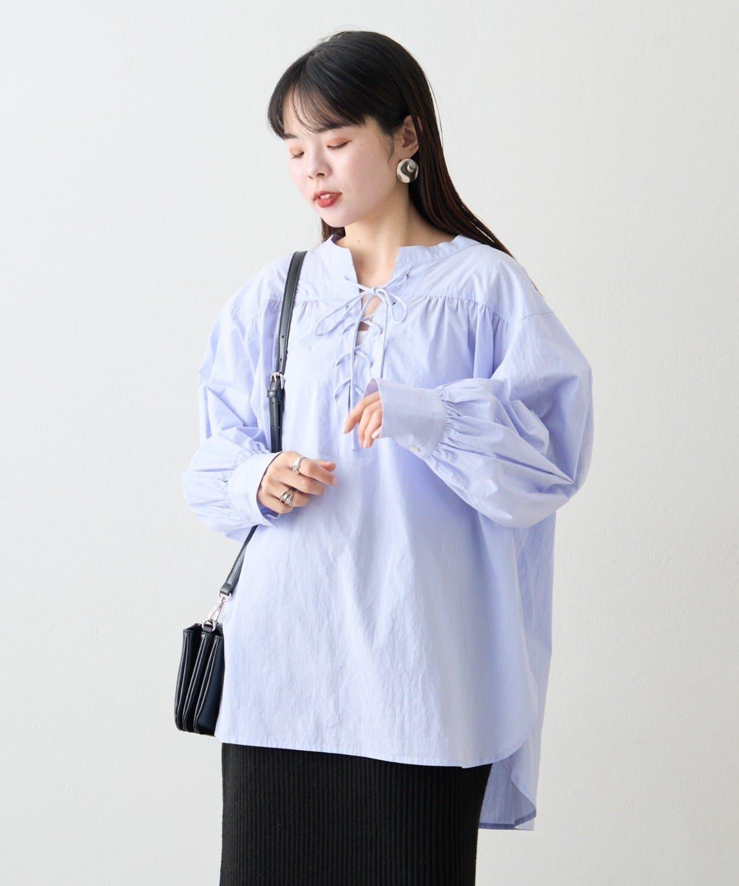 W繫帶收腰長款褶皺襯衫