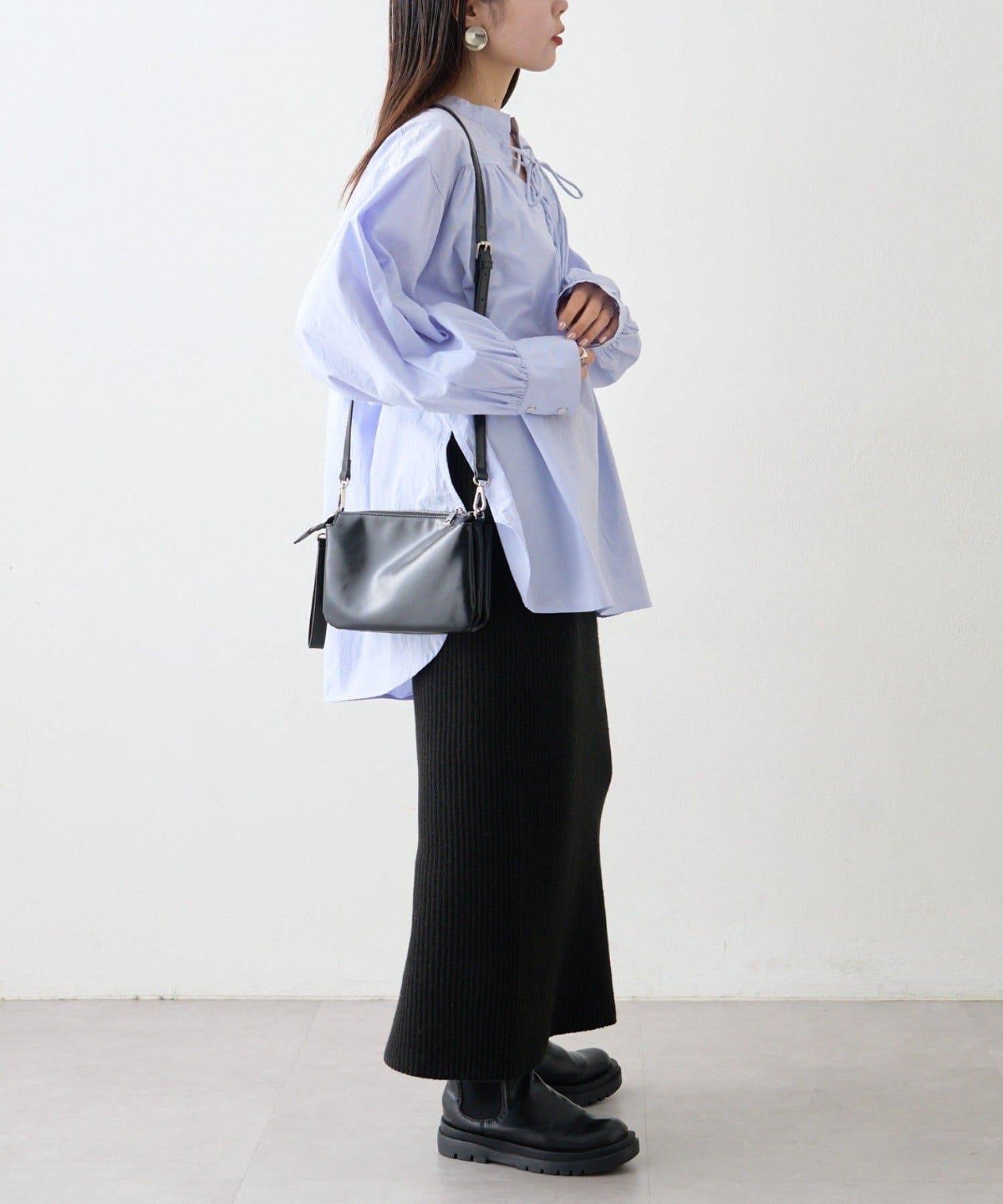 W繫帶收腰長款褶皺襯衫